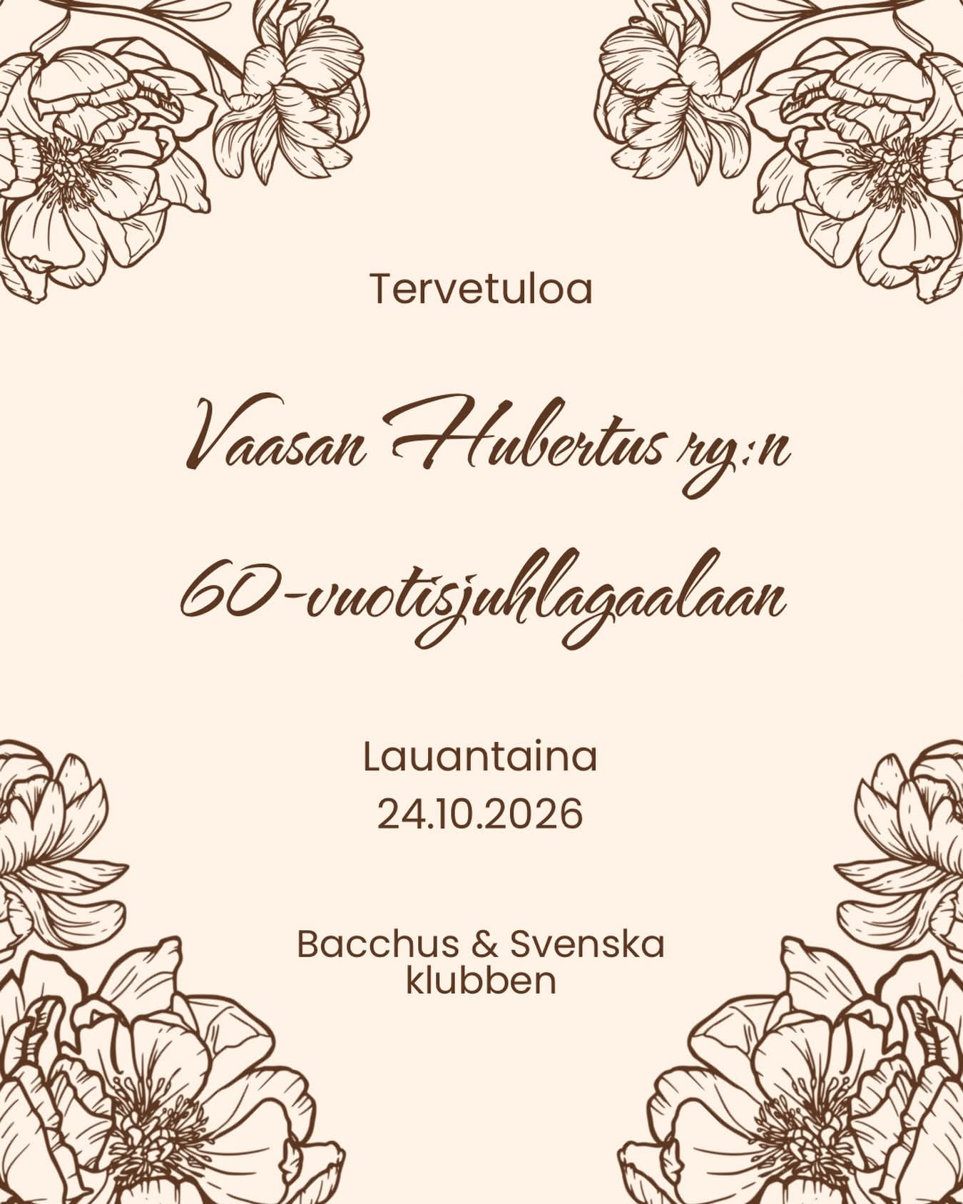 Illalliskortti Vaasan Hubertuksen 60-vuotisjuhlaan